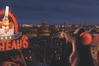 A screenshot from Disney movie ‘ratatouille’ in front of Chef Gusteau’s resturant.