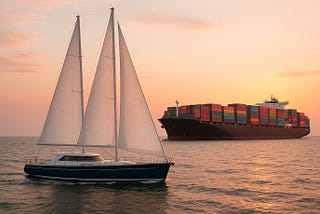 GPT-image-1 prompt: A modern blue and white sailing yacht with three tall white sails, sailing in the open sea at sunrise or sunset. In the background, a massive container ship is loaded with cargo containers. The lighting is soft, casting reflections on the water.