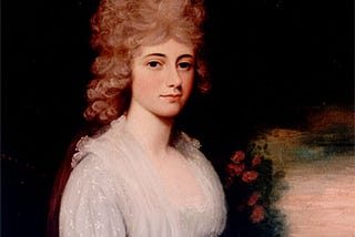 Louisa Adams in a muslin dress with a blue sash. Her ash-blonde hair is thick and curly.