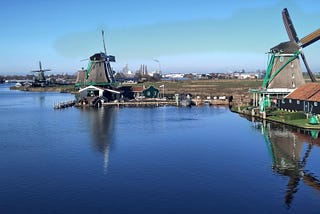 Dutch windmills located at the water front