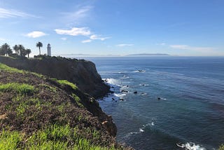 A lighthouse overlooking the Pacific Ocean (Point Vicente, Rancho Palos Verdes, California).