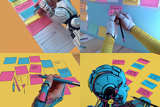 Collage of robotic hands writing on sticky notes, symbolizing AI’s role in creative and planning tasks. (Alt text written by Bing’s COPILOT AI, checked by a human).