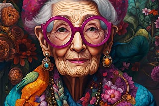 A whimsical AI generated image of an elderly woman with colorful hat, glasses and clothing.