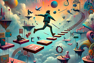 It features a person leaping across a series of floating platforms, each representing different aspects of life such as career, hobbies, relationships, and personal growth. The person is dressed in a blend of contemporary and futuristic attire, symbolizing the integration of present reality and future aspirations. The background is an abstract, dream-like landscape filled with floating islands and whimsical structures. The sky is awash with a kaleidoscope of vibrant colors and surreal patterns,