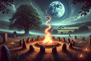 AI generated image of a countryside with a large tree up close, rolling hills in and mountains in the background and a giant moon taking up most of the cloud scattered sky. Amidst this beuatiful setting is a sacred fire, surrounded by circles of standing stones. Mystical and magical.
