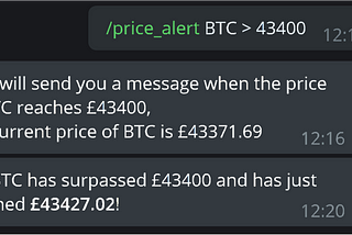 An example message which is received once the price of Bitcoin surpasses the target price