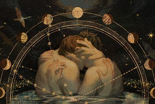 A painting by Saline Field called “Sleeping Swans”, in which two humans submerged in water and hug each other just like two swans, with faces not visible.