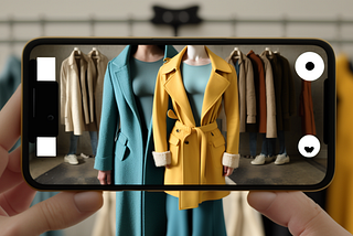 A person using a smartphone app to take a photo of an item of clothing, which is then analyzed by an AI algorithm to suggest other items that would complement the outfit