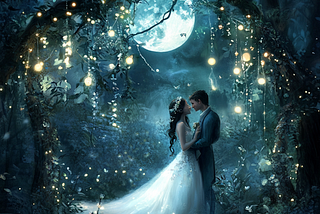 An AI created image of a couple getting married in a moonlight grove surrounded by sparkling fairy lights.