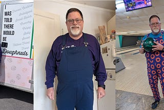 Collage of three photos of the author, John Carney, wearing Swoveralls brand fleece overalls. In the left photo, he is wearing a hat and doughnut-print overalls and standing next to a food truck sign reading “I WAS TOLD THERE WOULD BE DOUGHNUTS.” In the center photo, he is wearing navy blue overalls in his kitchen. At right, he is at a bowling alley, posing with a bowling ball, wearing the doughnut-print overalls.