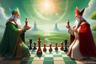 red and green personified chess bishops face off in a fantasy kingdom