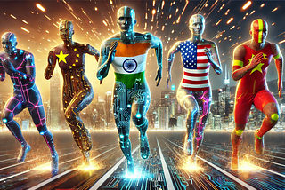 ChatGPT generated panoramic image of a foot race between India, China, USA and Europe with the competitors’ clothes covered in circuitry and sparks flying off of them
