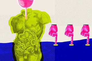 Surreal collage showing a lime-green anatomical torso with detailed intestines exposed, pierced from above by a large pink lollipop. To the right, three disembodied pink-gloved hands point downward into a blue surface.