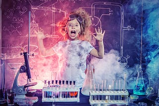 Little girl behind chemistry and lab equipment with smoke in the background.