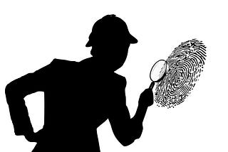 Shadow Image of a detective inspecting a finger print with a magnfying glass