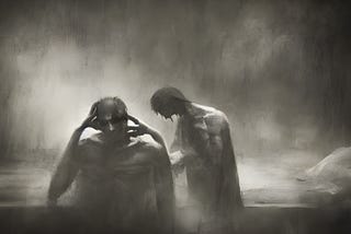A man, standing close to a larger shadowed form in pain. All is dark, and white mist surrounds them.