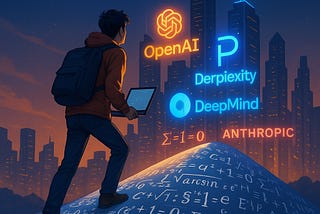 IMAGE: A young person climbing a hill made of mathematical equations toward a futuristic skyline with AI company logos glowing in the distance