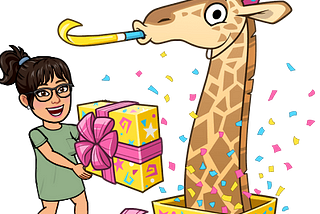 Child with a gift approaching a cartoon giraffe popping out from a gift box with confetti.
