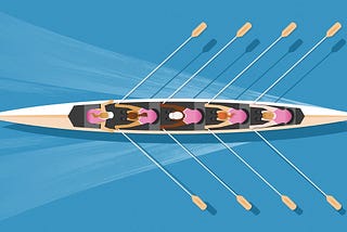 A bird’s eye view of a coxswain steering a rowing team as they zip through the water in their boat.