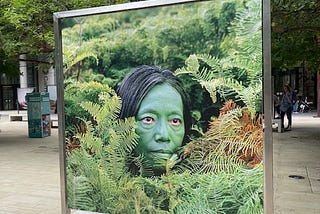 A framed large photograph of an Asian woman painted green, hiding among foliage. Her eyes are bloodshot and her hair is black. This photo was displayed as part of an Art exhibition in Central London.