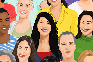A ilustração mostra um grupo de pessoas diversas juntas e sorrindo