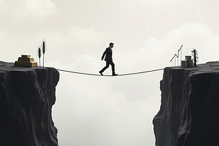 Man walks a tightrope between gold, wheat, and oil on one side and profits on the other — symbolising risk in commodity trading.