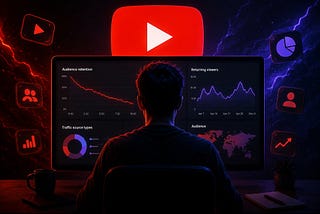 A person sits in front of dual monitors displaying YouTube analytics dashboards with audience retention, returning viewers, traffic sources, and audience growth charts. The dark neon-lit setup features red and blue lighting, floating social media icons, and a large YouTube play button in the background, creating a futuristic content creator workspace aesthetic.
