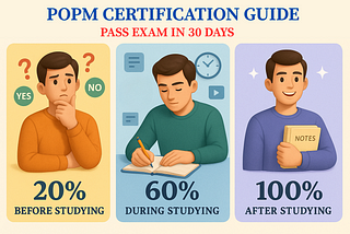 Infographic titled POPM Certification Guide Pass Exam in 30 Days showing a male student progressing through three stages.