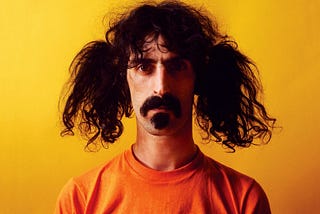 Frank Zappa with crazy hair, wearing an orange jumper against a yellow background.