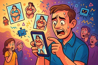 Man holding phone, shocked family behind him. Too many bikinis.