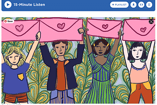 NPR.org podcast cover illustration of children holding up pink envelopes above their heads.
