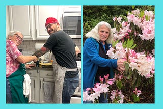 The author with white hair & an apron with her son in the kitchen. The author hugging the beautiful white & pink blooms of a shrub.