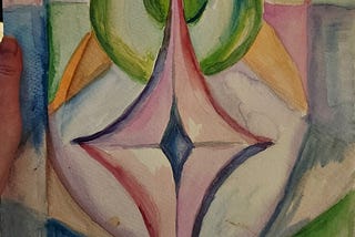 A watercolor abstract illustration, in the center is a diamond of pinks and purples, within a diamond surrounded by colors and shapes