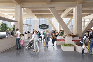 Architectural rendering of an airy, wood-filled space holding an indoor market. People walk and shop.