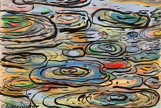 Abstract artwork featuring concentric, swirling shapes outlined in black, resembling ripples or topographic patterns. The background is filled with a mix of pastel and vibrant colors including blues, greens, reds, and yellows, creating a layered, dynamic effect. The composition is dense with overlapping forms. The artist’s handle “@francoistop” appears in the bottom left corner. He drew this for the post. He also made the drawing for the companion post on young people.