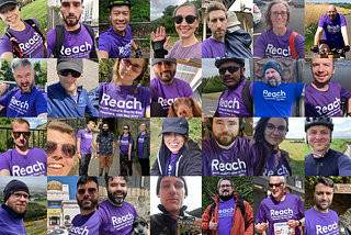 Team photo from Charity day 2022. 27 photos of the team in their puple t-shirts in a collage