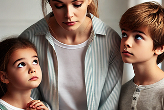 Mother looking slightly harassed as two children ask for help or want reassurance.
