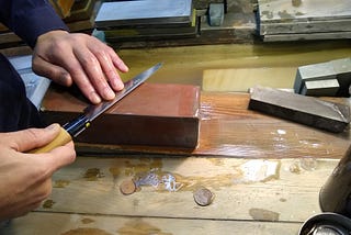 Honing a Japanese knife.