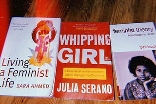 Three books of feminist theory laid on wooden background( Living A Feminist Life-Sarah Ahmed, Whipping Girl-Julia Serano, and Feminist Theory-bell hooks).
