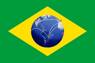 Bandeira do Brasil com uma imagem do planeta Terra no meio significando universalidade, e linhas interligadas com alfinetes conectando continentes.