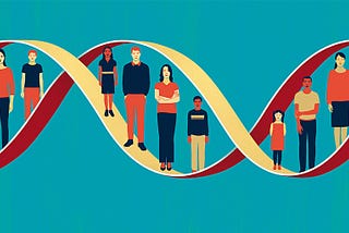 A diverse group of people stands side by side within the strands of a DNA helix.