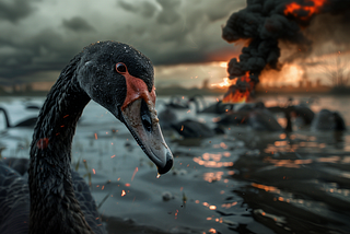 photo of a huge black swan destroying the world, AI image created on Midjourney generative ai tool, by Henrique Centieiro and Bee Lee