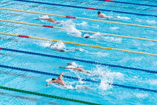 Six swimmers swim in a butterfly race in an indoor swimming pool with coloured lane dividers.