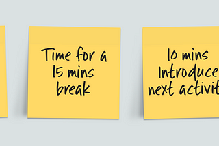 A horizontal row of Post-it® notes in between timed activities is one with ‘time for a 15 minute break’ written on it.