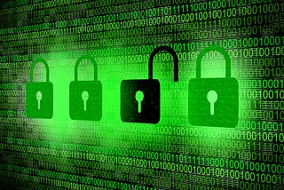 drawing of 4 padlocks in front of binary data with one of the padlocks open