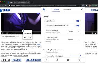 LoomVue Chrome browser extension window on a page with English text and some words flipped into Spanish.