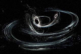 Two black holes orbiting each other creating ripples in space-time