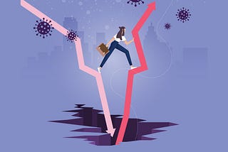 An illustration of a female business leader jumping from a downward share price arrow to one going upwards