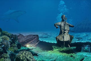 A statue of a Cellist under the sea