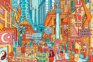 Illustration for the 2nd issue of Modern Reformation, featuring a colorful crowd protesting peacefully in a post-modern city.